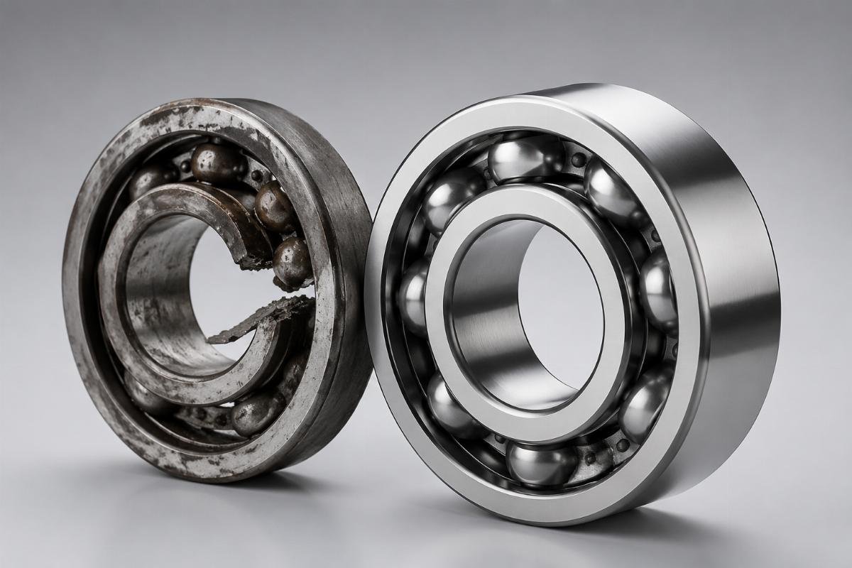 Worn bearing beside a sound one, showing a typical lubrication and fatigue failure signature