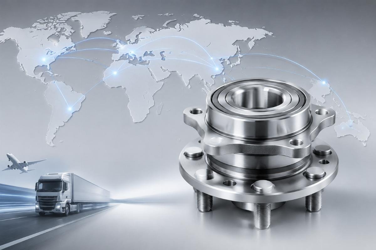 Wheel hub bearing unit shown against a global delivery map