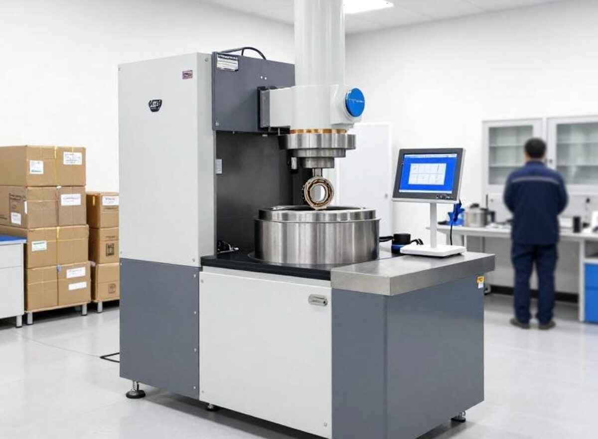 Deep groove ball bearing on a dimensional inspection bench with measuring equipment